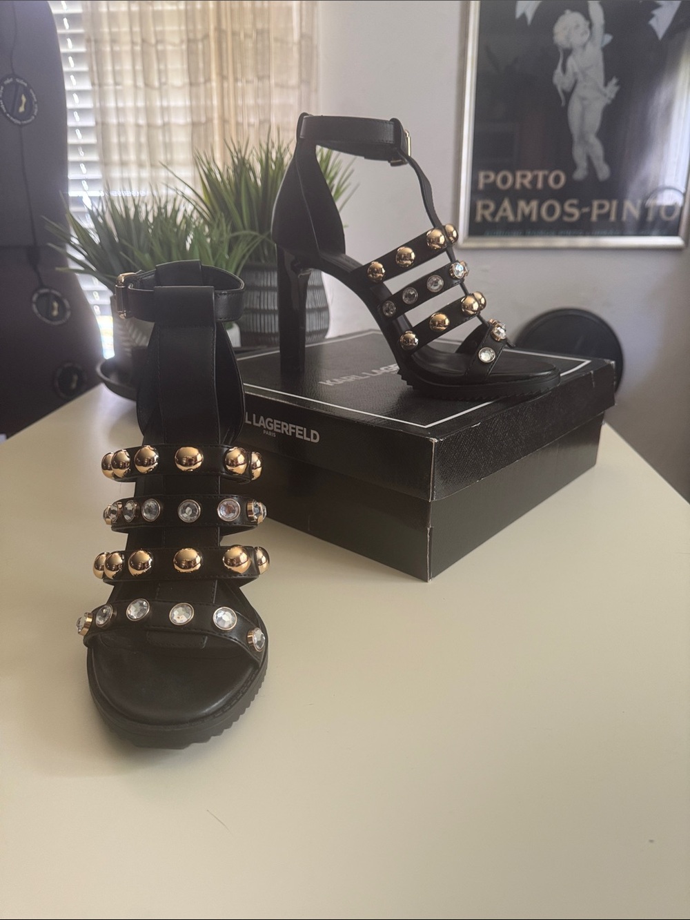 Karl Lagerfeld Black Studded T-Strap Platform Heels with Gold & Crystal Accents